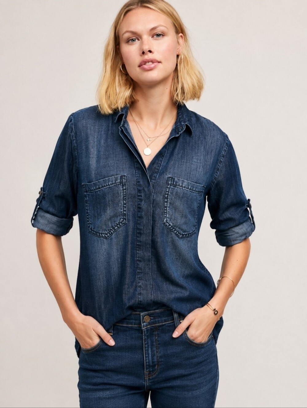 Cloth & Stone Anthropologie Dark Blue Chambray Denim Button-Up Roll-Tab Shirt XS